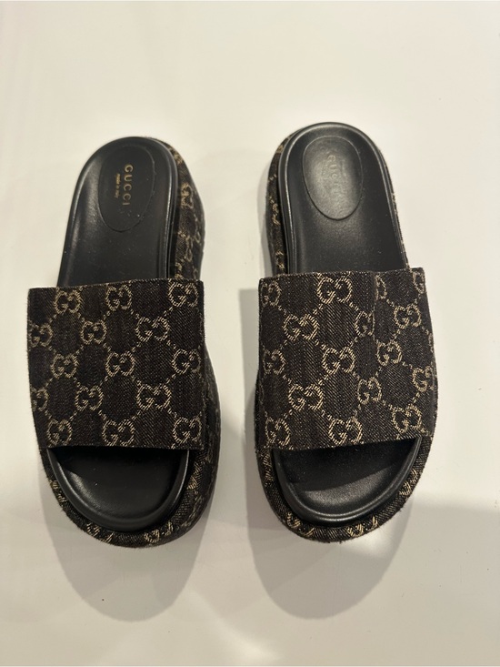 Gucci Shoes - Authentic Gucci Brown Monogram Slide Sandals with Black Footbed